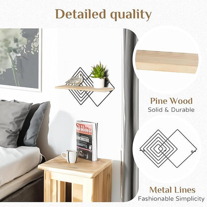 Floating Shelves Modern Geometric - Bedroom Wall Shelf Black Hanging Shelf Wooden Shelves Decorative Wall Mounted Metal Decor Plant Display Set of 2