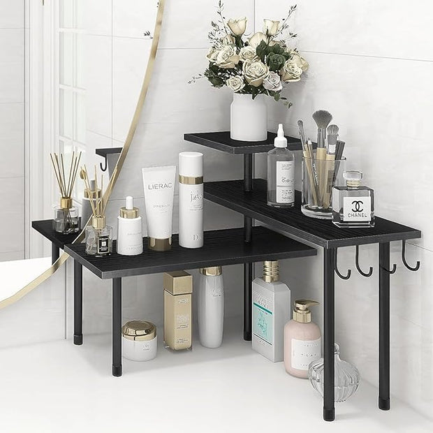 Homode Bathroom Counter Organizer Corner Shelf, Kitchen Countertop Organizer, 3 Tier Wood Counter Shelf Stand for Over The Sink, Coffee Station, Desktop, Black