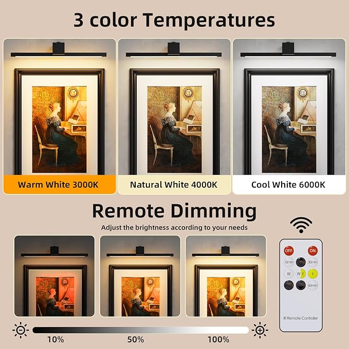 Picture Lights for Wall,Battery Operated Art Light,16in Gallery Light for Paintings,3CCT Dimmable,Metal Finish Recharging Battery Wall Light with Remote for Living Room Gallery(Black)