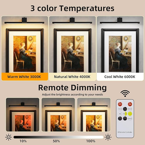 Picture Lights for Wall,Battery Operated Art Light,16in Gallery Light for Paintings,3CCT Dimmable,Metal Finish Recharging Battery Wall Light with Remote for Living Room Gallery(Black)