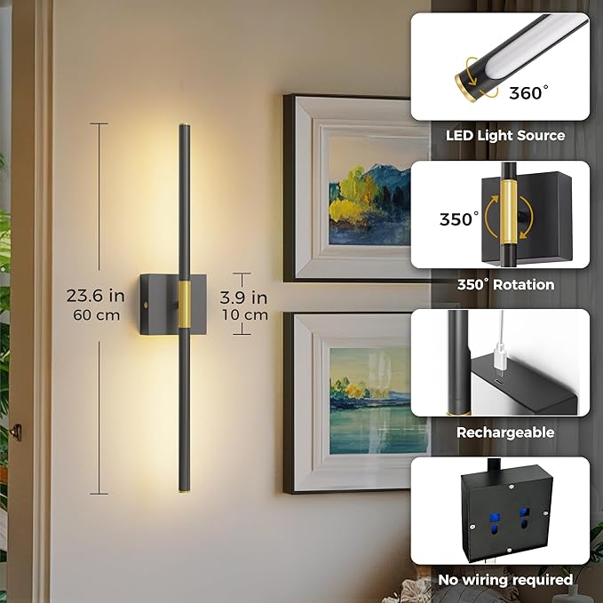 L LOHAS LED Battery Operated Wall Sconces Set of 2, Battery Wall Sconce 10000mAh, Gold and Black Rechargeable Sconces 3CCT, 23.7 Inch Wireless Wall Lights, Sconce Wall Decor for Bedroom, Living Room