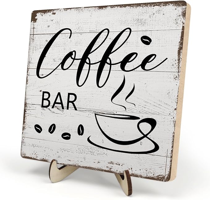 Coffee Bar Decor Sign – Rustic Wooden Plaque for Coffee Station, Farmhouse Cafe Shelf Accessories, Desk or Kitchen Counter Decor,Birthday,Mother Day Gift 5.9 x 5.9 Inch