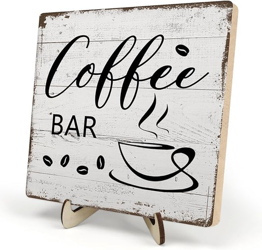 Coffee Bar Decor Sign – Rustic Wooden Plaque for Coffee Station, Farmhouse Cafe Shelf Accessories, Desk or Kitchen Counter Decor,Birthday,Mother Day Gift 5.9 x 5.9 Inch