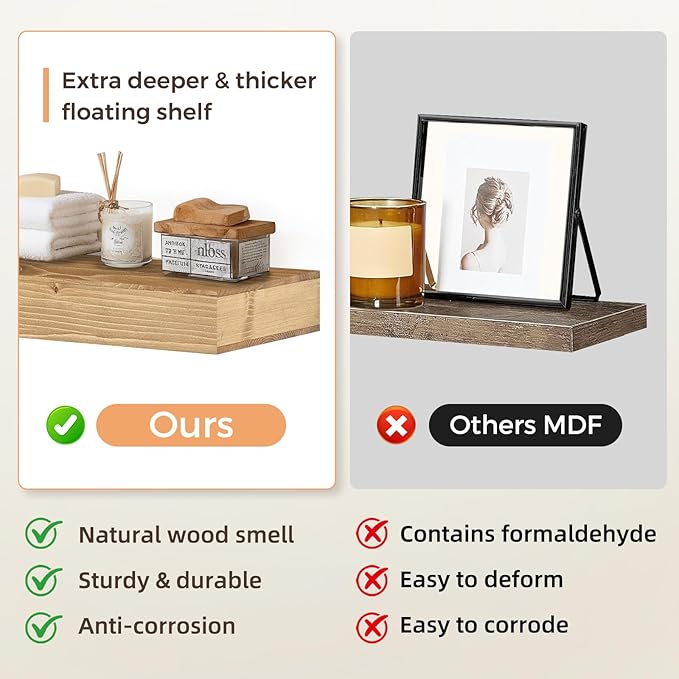 36x6.8x2 Inch Rustic Floating Shelves for Wall Set of 2 - Oak Solid Wood Wall Mounted Shelves with Invisible Bracket, Extended Design for Farmhouse Living Room Bedroom Kitchen Decor