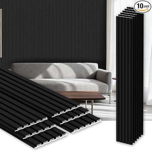 RITOLLO 10-Pack WPC Slat Wall Panels, 96 x 6 Inches 3D Fluted Wall Panels for Interior Wall Decor, Modern Accent Wood Wall Paneling for Living Room, TV Background, Office, Bedroom(Matte Black)