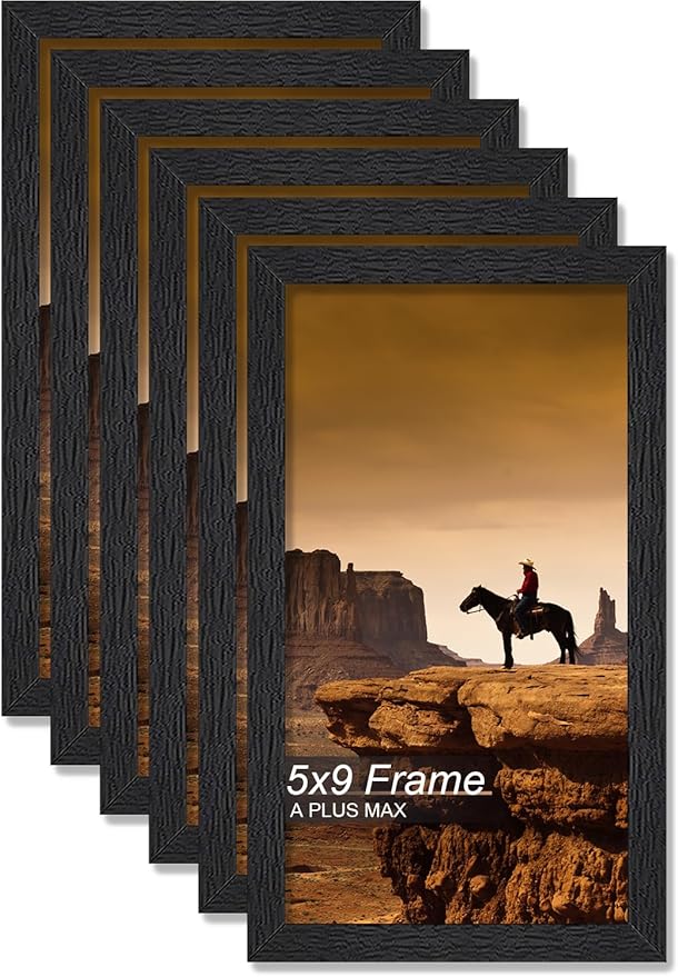 A PLUS MAX 5x9 Picture Frame Set of 6, Black Engineered Wood Frame for 5 x 9 Inch Picture Poster Photo, Light Weight 5 by 9 Frame with Wood-grain for Wall - 6 Pack/Black/5"x9"