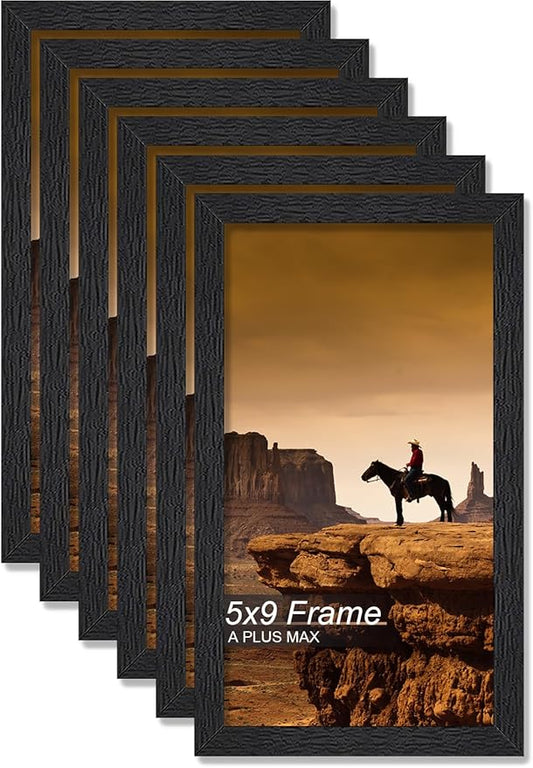 A PLUS MAX 5x9 Picture Frame Set of 6, Black Engineered Wood Frame for 5 x 9 Inch Picture Poster Photo, Light Weight 5 by 9 Frame with Wood-grain for Wall - 6 Pack/Black/5"x9"