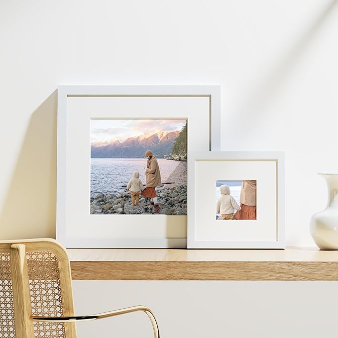 Vittanly 8x8 Picture Frames Set of 9, Shatter Resistant Plexiglass, Display 4x4 Pictures with Mat or 8x8 without Mat, Photo Frames for Wall Mount, Engineered Wood, White