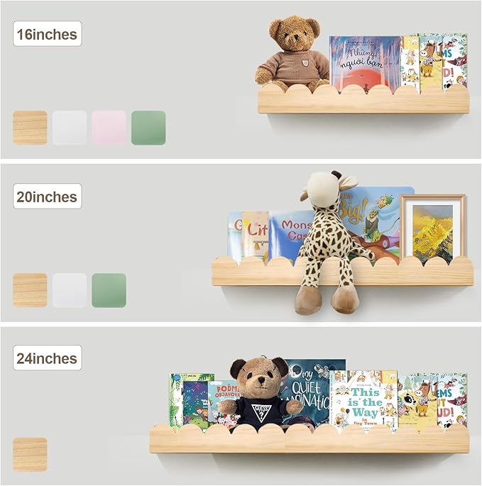 Nursery Book Shelves 24Inches-Floating Shelves for Bedroom Kids, Scalloped Shelves for Wall 2 Pack, Scalloped Shelf for Toddler Room, Baby Room, Nursery Decor, Natural, Large
