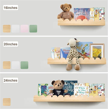 Nursery Book Shelves 24Inches-Floating Shelves for Bedroom Kids, Scalloped Shelves for Wall 2 Pack, Scalloped Shelf for Toddler Room, Baby Room, Nursery Decor, Natural, Large