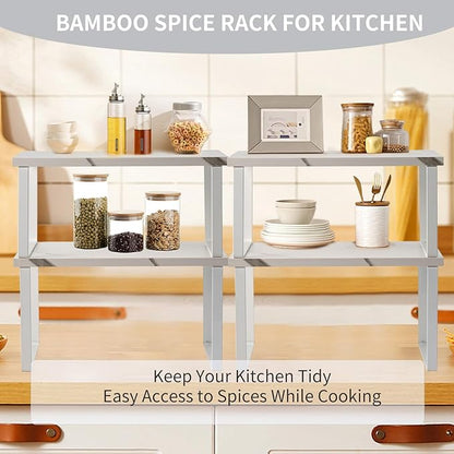 Cabinet Organizer Shelf, Set of 2 Expandable Kitchen Countertop Shelves with Spice Rack - Stackable Storage in Metal and Wood15.7 inches (White)