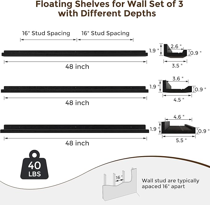 RICHFOCUS Floating Shelves for Wall, 48 inch Solid Wood Picture Ledge Shelf for Wall Storage, Nursery Book Shelves with Lip for Living Room Bathroom Bedroom Kitchen, Set of 3, Distressed Black