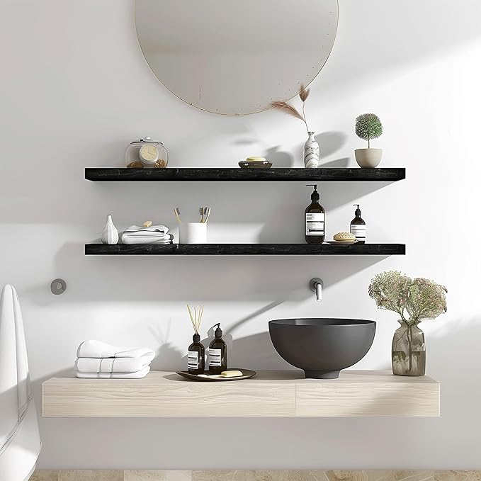 Wood Floating Shelves for Wall Decor, Rustic Wall Shelves for Bedroom Bathroom Kitchen Living Room, Set of 4 Black 36 Inch