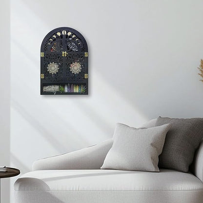 Large Crystal Display Shelf for Wall, Crescent Moon Phase Shelf Wall Decor, Wooden Arch Shelf, Tree of Life Crystal Holder Organizer, Cabinet for Gem Stone Rock, Spiritual Home Room Decor