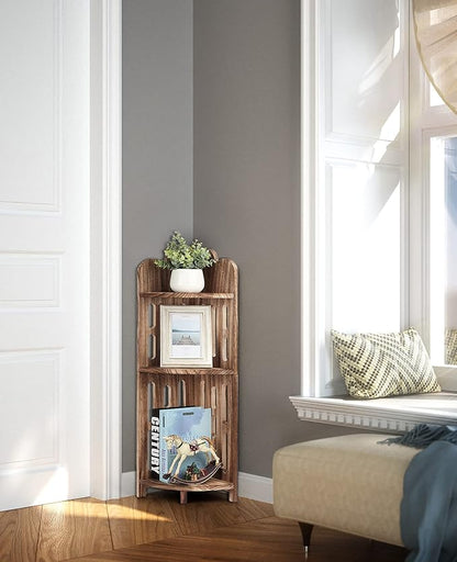 Meangood Bathroom Corner Shelf Stand, 3 Tier Solid Wood Display Shelf for Narrow Space, Shower Corner Shelf, Plant Stand Nightstand, for Living Room, Bedroom, Home Office, Elegant Carbonized Black