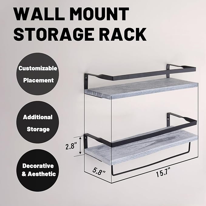Elevon Floating Shelves for Bathroom Organizer Over Toilet, Bathroom Shelves Wall Mounted with Towel Rack, Corner Wall Shelf for Bedroom Decor Kitchen Storage (White, Set of 2)
