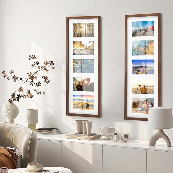 puthiac 8x24 Oak Wood Picture Frame - 8x24 Photo Frame with Mat Display 5Pcs 4x6 Photos, 4x6 Picture Frame Wood, Natural Solid Wooden Picture Frames for Wall Art Decor(1 Pack, Walnut)