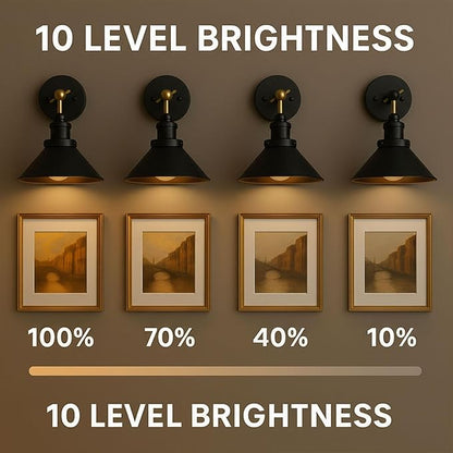 Black Gold Vintage Wireless Battery Operated Wall Sconces — Cordless Battery Powered LED Wall Lights Set of 2, Wall Lamp with Remote, Indoor Wall Lamp Fixture for Gallery, Bedroom, Farmhouse