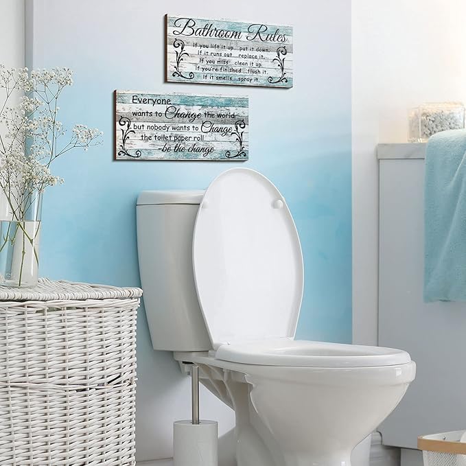 Jetec 2 Pieces Funny Bathroom Signs Bathroom Wall Decor Toilet Wall Accessories Farmhouse Toilet Rustic Wooden Signs, 12x6 Inch(Chic Style)
