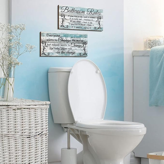 Jetec 2 Pieces Funny Bathroom Signs Bathroom Wall Decor Toilet Wall Accessories Farmhouse Toilet Rustic Wooden Signs, 12x6 Inch(Chic Style)