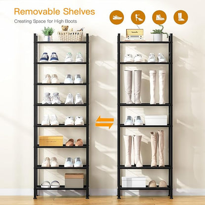 usikey 8 Tiers Narrow Shoe Rack 16-24 Pairs, Sturdy Metal Tall Shoe Rack with 4 Hooks, Slim Shoe Storage Organizer with Metal Shelf, Space Saving Vertical Shoe Shelf for Entryway Black UNYXJX016H