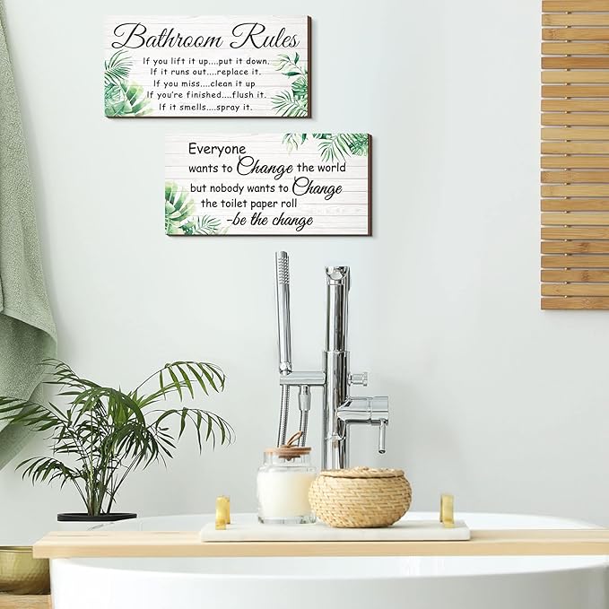 Jetec 2 Pieces Funny Bathroom Signs Bathroom Wall Decor Toilet Wall Accessories Farmhouse Toilet Rustic Wooden Signs, 12x6 Inch(Leaves Style)