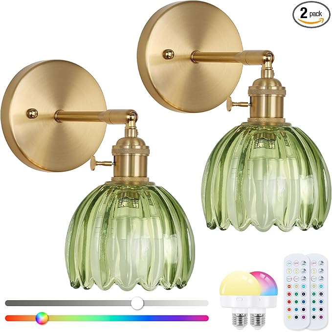 Vintage Wall Sconce Set of Two, Battery Operated Wall Sconce with Deep Green Tulip Glass Lampshade Rechargeable Wall Light with Remote Control for Bedroom,Living Room, Hallway, Aisle