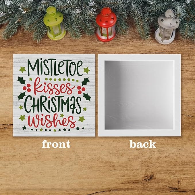 Christmas Decor Christmas Sign Decorations for Home Mistletoe Kisses Xmas Wishes Sign for Home Office Desk Table Cubicle Shelf Xmas Desk Accessories 5 x 5 inch