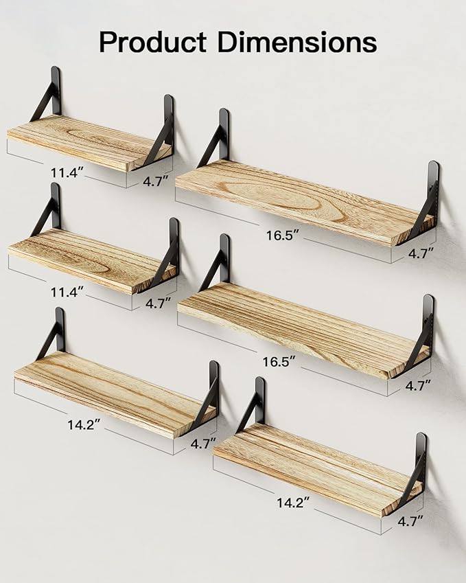 AMADA HOMEFURNISHING Wall Shelves Set of 6, Rustic Farmhouse Style, Wood Floating Shelves for Wall Decor, Bathroom & Bedroom Storage, Living Room Book Shelves, 6pcs