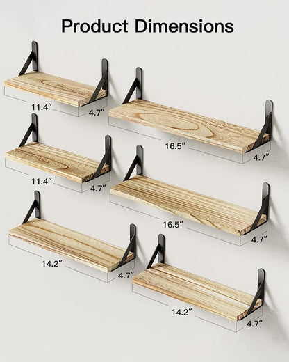 AMADA HOMEFURNISHING Wall Shelves Set of 6, Rustic Farmhouse Style, Wood Floating Shelves for Wall Decor, Bathroom & Bedroom Storage, Living Room Book Shelves, 6pcs