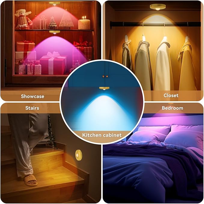 Rechargeable Puck Lights with Remote, 3 Pack Magnetic Under Cabinet Lighting, 1500mAh Battery Operated LED Tap Lights with Dimmer & Timmer for Kitchen, Closet, Shelf - 3 Color Temps & 12 RGB, Gold
