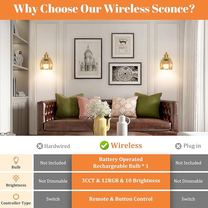 VerRon Rechargeable Battery Operated Wall Sconce with Amber Glass Lampshade, Wireless Wall Scone Decor with Remote Control, 15 Colors Gold Wall Light for Bedside Hallway Bedroom Doorway