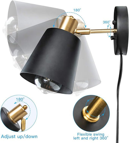 Plug in Wall Sconces, Wall Mounted Lamps with Plug in Cord Metal Vintage Industrial Wall Light Fixtures Lighting Reading Lights for Bedside Bedroom Living Room Indoor Doorway (Exclude Bulb) (2PC)