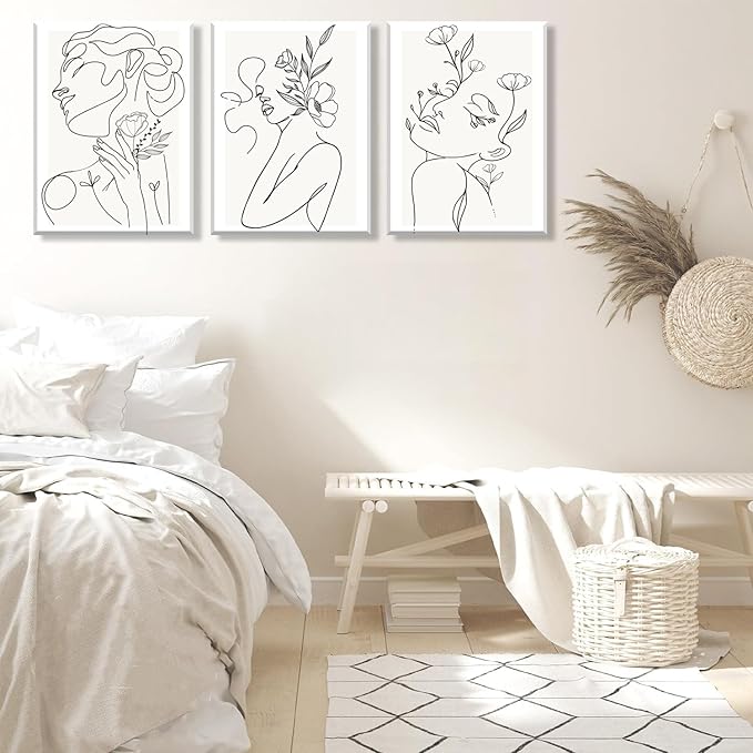 yulihaz Minimalist Woman Flower Line Wall Art Large Framed 16x24 inch Set of 3 Neutral Modern Abstract Black and White Girl Plant Canvas Painting Print Picture Decor for Bedroom Living Room