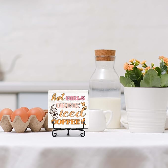 Coffee Bar Decor, Farmhouse Kitchen Table Decor, Coffee Station Accessories, Wooden Decorative Sign with Iron Stand for Table Desk Shelf Display-E31