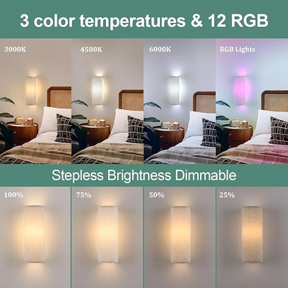Adhesive Battery Operated Wall Sconce Set of 2, 5000 mAh Battery Rechargeable Bulb with 12 RGB Colors, Stick on Wall Sconce No Drill Wall Lights, Linen