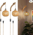 Frideko Bamboo Wall Sconces Set of Two Plug in, Boho Wall Lamp with Plug in Cord, Farmhouse Wall Light Fixtures with 9.84FT On/Off Switch Cord, Rattan Sconces Wall Lighting for Bedroom Living Room
