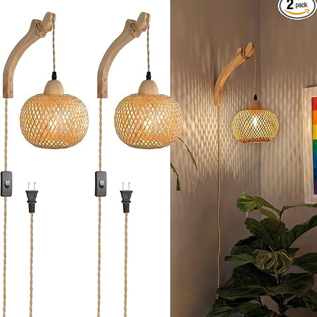 Frideko Bamboo Wall Sconces Set of Two Plug in, Boho Wall Lamp with Plug in Cord, Farmhouse Wall Light Fixtures with 9.84FT On/Off Switch Cord, Rattan Sconces Wall Lighting for Bedroom Living Room