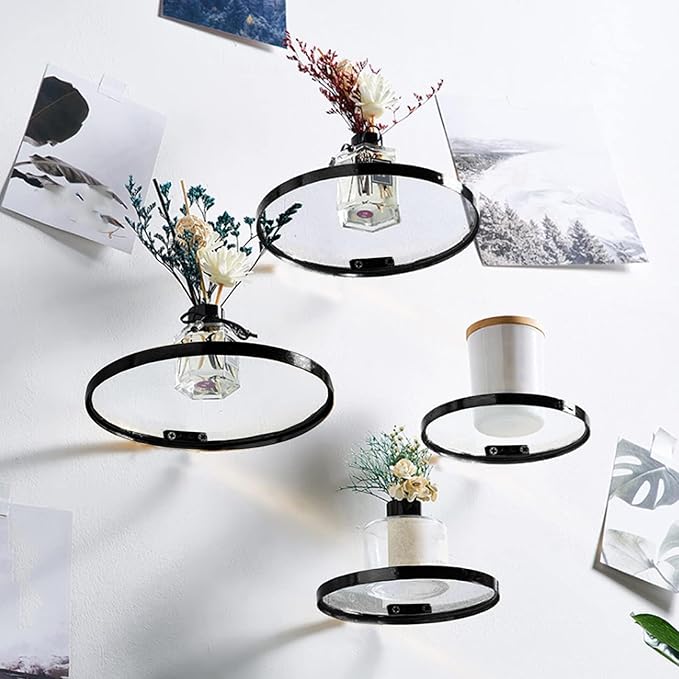 Cityelf Floating Shelves Wall Mounted Wall Decor Iron Glass Hanging Shelf Home Decor Set of 3 Display Ledge Shelves for Living Room Bedroom Office-Black