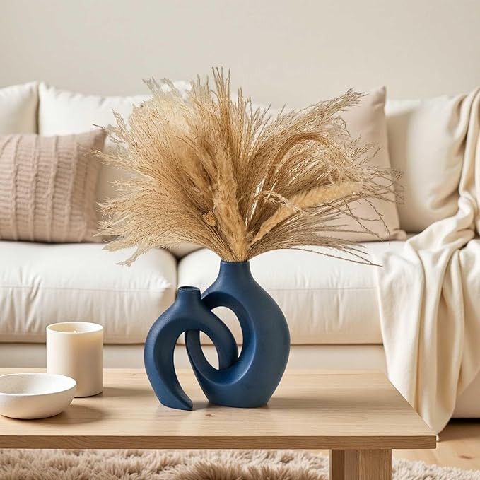 Snuggle Hollow Ceramic Vase Set of 2, Nordic Modern Boho ins Style Ceramic Aesthetic Flower Vases for Home Decor Living Room Coffee Table Decorative (Matte Navy Blue W 6.3