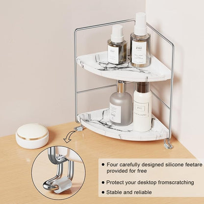 2-Tier Corner Bathroom Organizer, Countertop Perfume Makeup Shelf Cosmetics Storage Shelf Display Rack Vanity Shelf,Kitchen Spice Rack,PP Imitation Marble Design,Tool-Less Install(Silver)