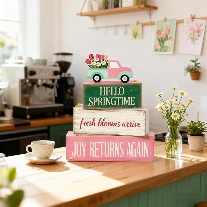 Spring Decoration Wooden Tiered Tray Decor – Floral Spring Truck Stacked Block Sign with Tulip Pickup Topper – Farmhouse Tabletop Spring Decor for Living Room Shelf Seasonal Home Display