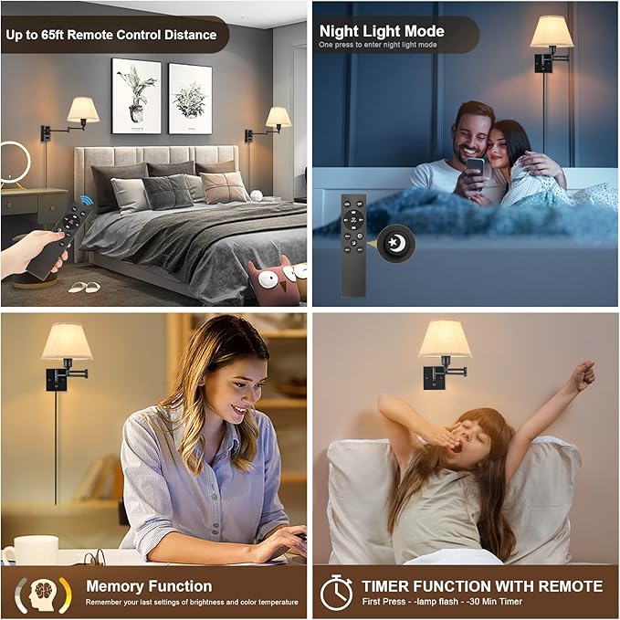 TRLIFE Wall Sconce with Remote Control, Dimming 10%-100% and Adjustable Color Temperature 2700K-6500K Swing Arm Wall Lights with Plug in Cord, 9.4