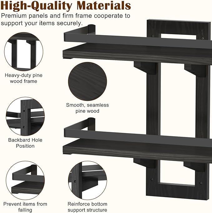 Floating Shelves for Wall, 2-Tier Wood Hanging Decor Storage Shelves, Wall Mounted Floating Shelf for Living Room, Bedroom, Bathroom,Kitchen, Office, Study (2-Pack Black)