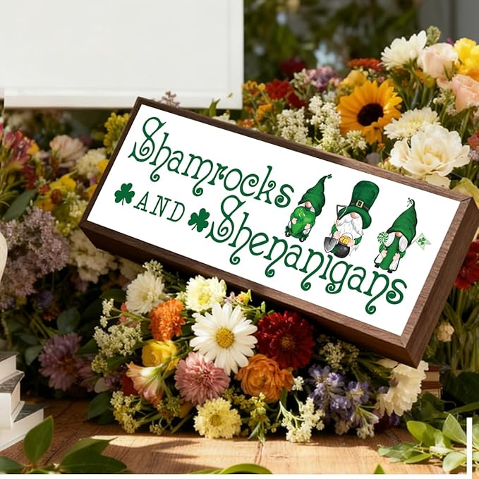 St Patricks Day Wooden Table Sign, Shamrocks and Shenanigans Sign, Irish Gnome Decors, St. Patrick's Day Fun Decor for Home Cafe Shop Coffee Bar, Farmhouse Table Shelf Decoration, 9.5x3.1x1 inches