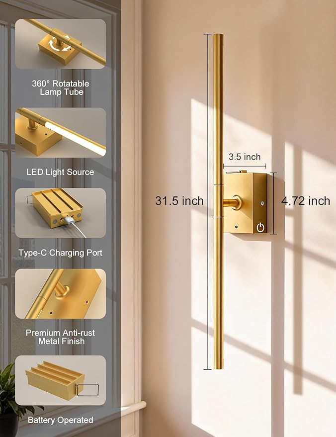 Battery Operated Wall Sconces Set of 2, 10000mAh Rechargeable Wall Lights with Remote, 360° Rotate 3000K-6000K LED Wireless Wall Light Fixtures Decor for Bedroom Living Room Hallway Picture Lighting