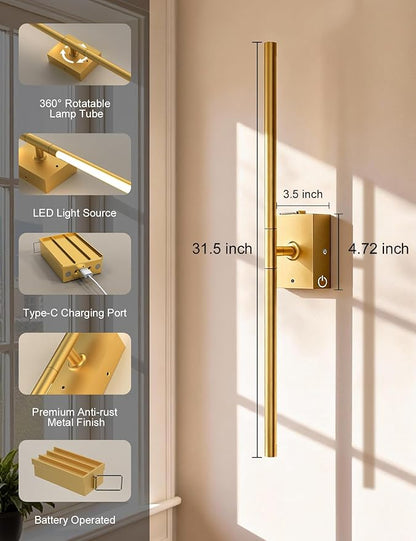 Battery Operated Wall Sconces Set of 2, 10000mAh Rechargeable Wall Lights with Remote, 360° Rotate 3000K-6000K LED Wireless Wall Light Fixtures Decor for Bedroom Living Room Hallway Picture Lighting