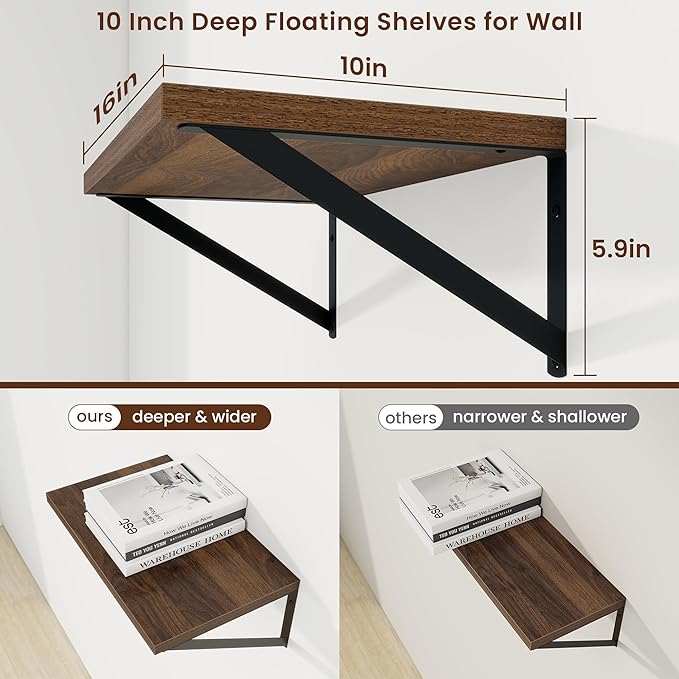 Axeman Deep Floating Shelves | 16 Inch Walnut Wall Shelves Set of 2 | 10 Inch Deep Wood Floating Shelves for Wall | 16