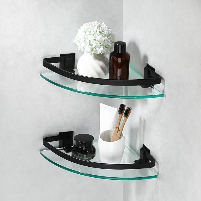 KES Bathroom Tempered Glass Shelf with Rail Extra 8 MM-Thick 2 Pack Aluminum Corner Triangle Storage Organizer Wall Mount Black, A4120A-BK-P2