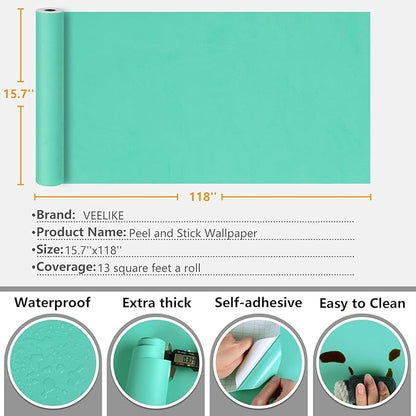 VEELIKE 15.7''x118'' Tiffany Green Wallpaper Peel and Stick Removable Green Contact Paper for Walls Cabinets Shelves Furniture Self Adhesive Vinyl Wall Covering Decorative for Bedroom Living Room Dorm